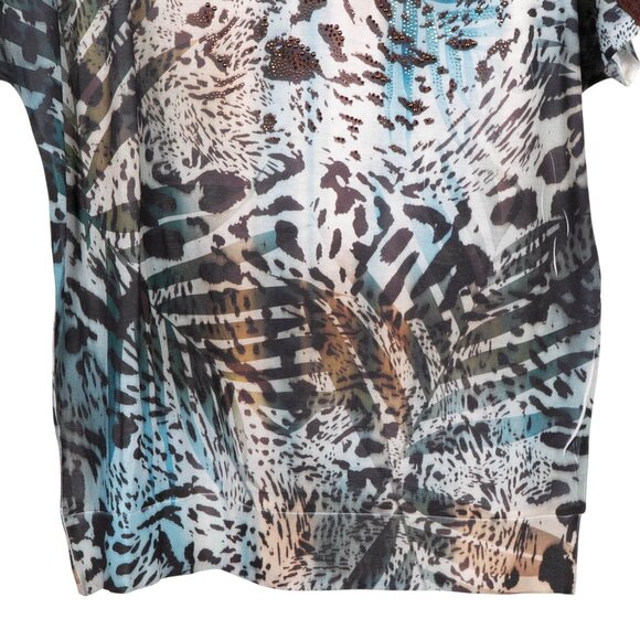 B.L.E.U. Shirt L Womens Animal Print Blue Brown Crochet Rhinestone Short Sleeve - Picture 4 of 6